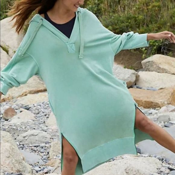 Free People Movement Maxi Sweatshirt Hoodie Spur Of The Moment Aqua Turquoise - Picture 1 of 6